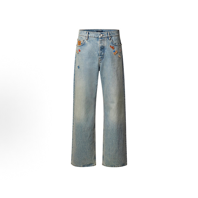 lv louis vuitton decorative patch wide leg denim jeans